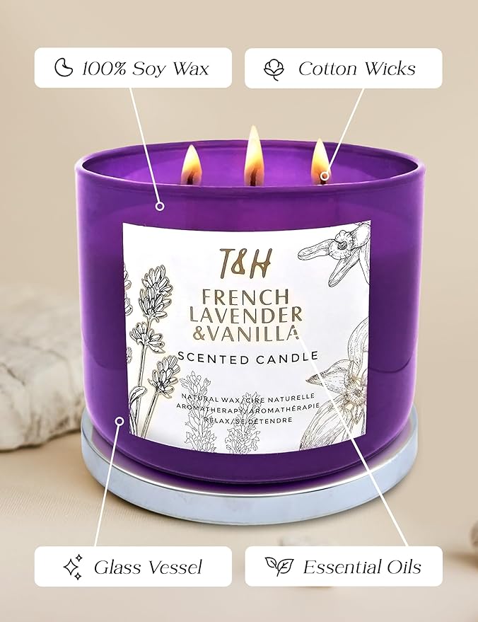 Lavender Vanilla 3-Wick Soy Candle | 80 Hour Burn | 15.8 oz Aromatherapy Scented Candle for Home | Calming Floral Scent | Gift Ready