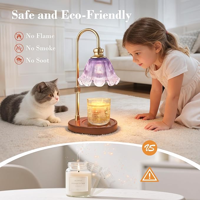 Candle Warmer Lamp with Timer: Birthday Gifts for Women, House Warming Gifts New Home Decor – Height Adjustable Candle Lamp for Mom, Anniversary - Walnut Solid Wood Base, with 2 Bulbs