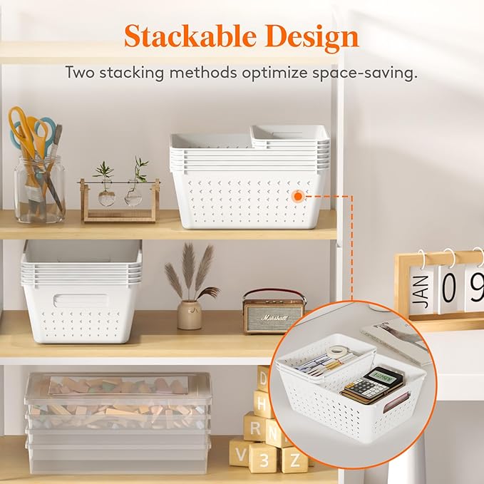 Lifewit Plastic Storage Basket, 12 Pack Stackable Storage Bins for Organizing, Multi Size Open Containers for Shelving, Pantry, Office and Cabinet, 8 Large and 4 Small Size, White