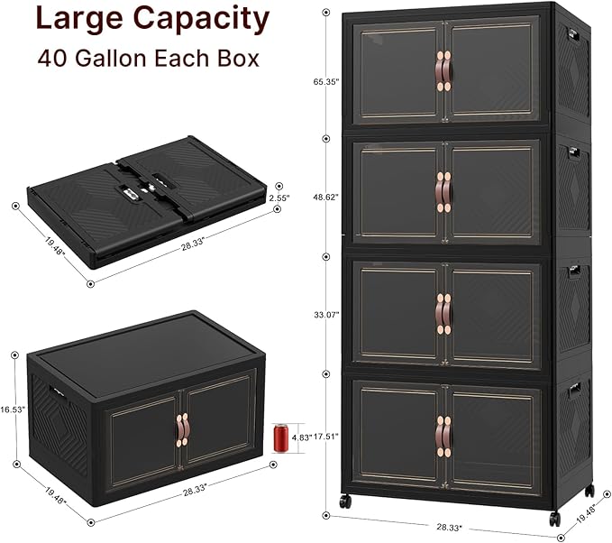 Extra Large Stackable Storage Bins with Lids & Wheels, Foldable Collapsible Closet Organizers Dark Storage Cabinet with Doors for Bedroom Dorm
