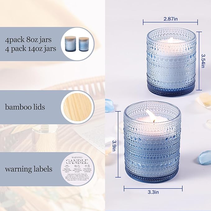 DEVI Assorted Blue Glass Candle Jars for Making Candles (8 Pack),8 oz & 14 oz Candle Jars with Bamboo Lids & Labels, Bulk Empty Storage Containers, Candle Tins Making Supplies, Blue Table Decor