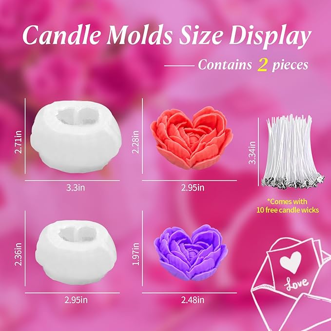2Pcs Heart Flower Candle Wax molds Silicone Shapes for Candle Making Valentine Day Large Flower Candle Making Valentine Silicone Wax Mold for Candles moldes de silicona para velas