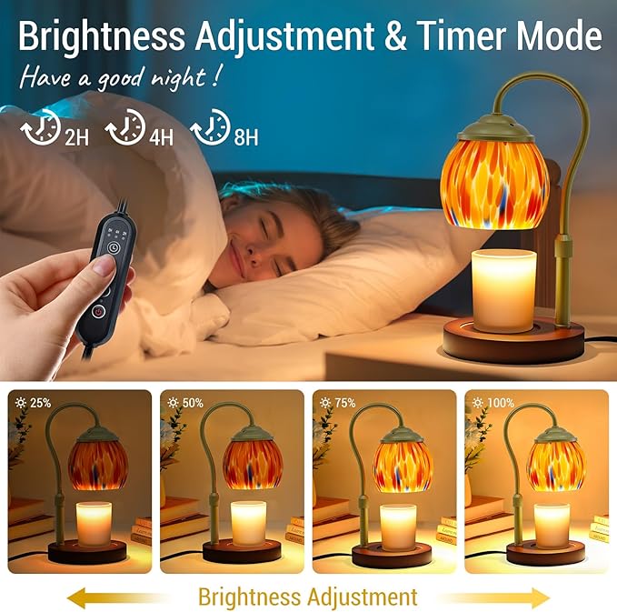 Stained Glass Candle Warmer Lamp with Timer Dimmer, Height Adjustable Candle Warmer with 2 Bulbs, Wax Melt Warmer for Scented Jar Candle, Valentine's for Women,Mom,Her