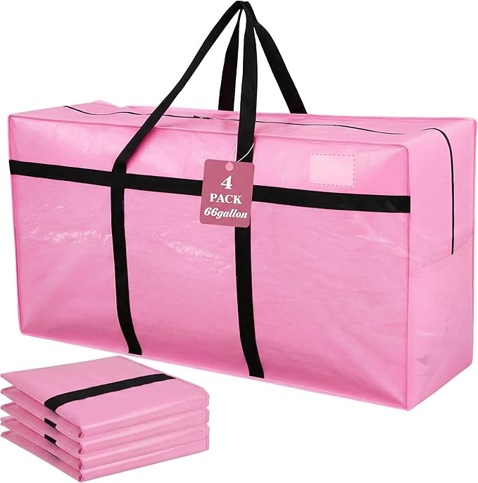4 Pcs 66 Gallon Extra Large Moving Bags Heavy Duty Storage Bag with Strong Zipper Handle Foldable XXL Jumbo Storage Tote Packing Moving Box for College Dorm Travel Cloth Duffle (Pink)