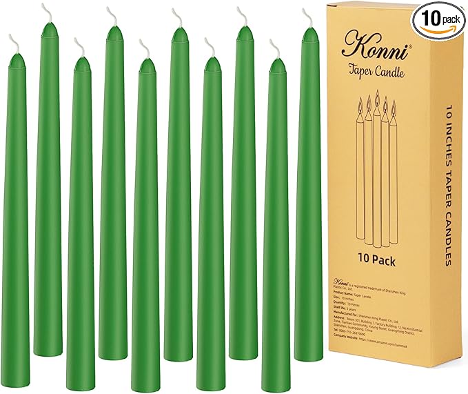 KONNI 0.87×10 Inch Green Taper Candles, Unscented and Smokeless Tall Candlesticks, 10 Pack Tapered Candles with Cotton Wicks, Long Burning, Ideal for Weddings, Dinner Parties, and Home Décor