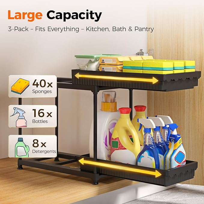 3 Pack Under Sink Organizer, 2 Tier Slide Out Bathroom Cabinet Organizer, Multi-Purpose Storage Shelf for Kitchen, Black, 14.8Inch