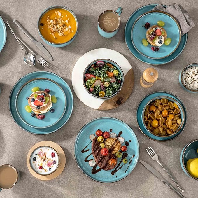 Henten Home 10 Inch Ceramic Dinner Plates, Porcelain Pasta Plates Set of 4, Fluted Round Plates for Kitchen, Steak, Salad Stonware Dishes, Scratch Resistant, Dishwasher & Microwave Safe (Aqua)
