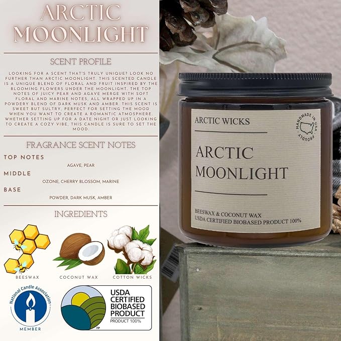 Arctic Moonlight Candle | 16oz Amber Jar | Arctic Wicks Non-Toxic Scented Coconut & Beeswax Candle | Moonflower, Floral, Winter Scented Non-Toxic Clean Burning | 100% USDA Certified Biobased
