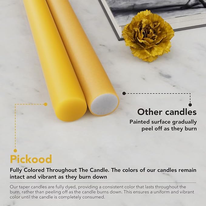 12-Inch Tall Dripless Taper Candles Set of 4 - Mustard Yellow Tapered Candles, Perfect for Spring - Smokeless, Unscented, Long Burning - Hand Poured, Colored Tall Candlesticks - Mustard