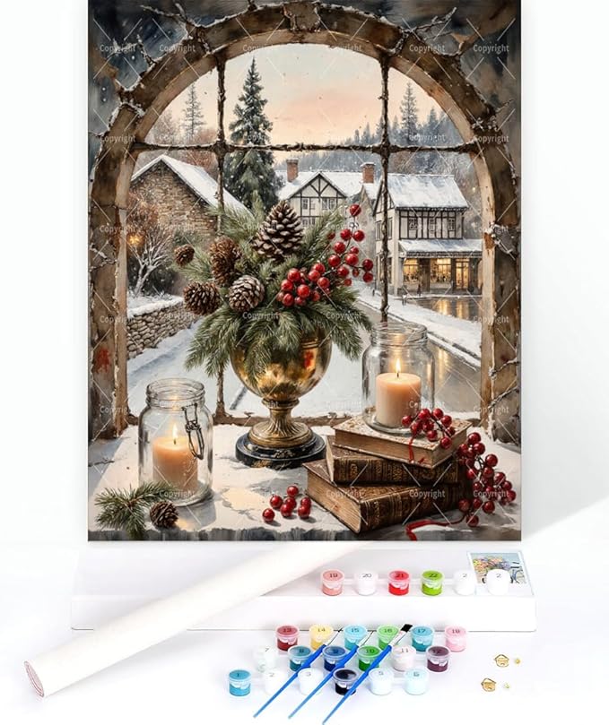 Winter Paint By Numbers Kit For Adults - Diy Holiday Window With Pinecones And Candles Painting On Canvas 16X20 Inches, Acrylic Paint Set, Suitable For Beginners, Cozy Home Decoration Art, Unframed
