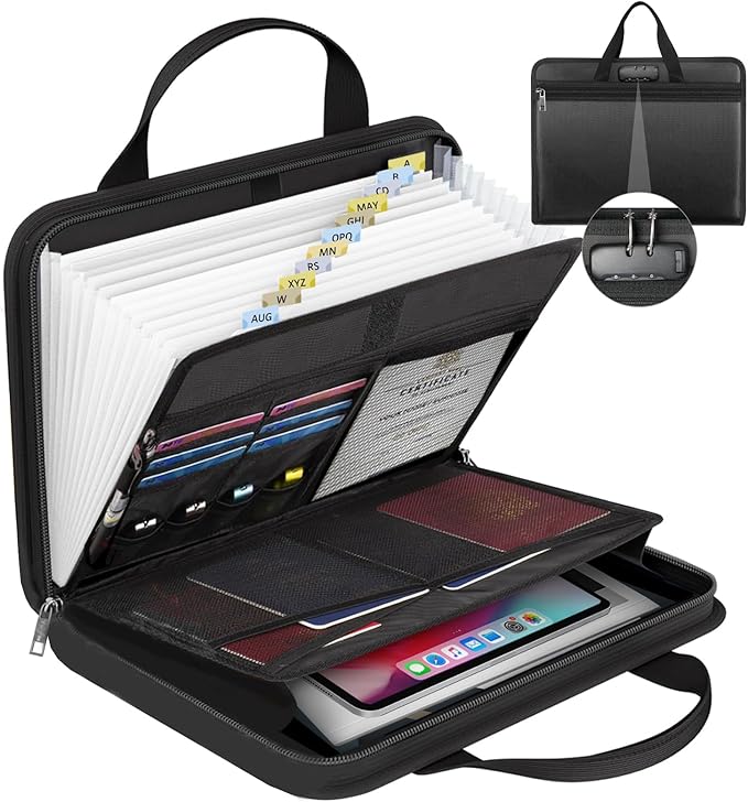 onvvippiv File Organizer Fireproof Expanding Accordion File Folder with Lock Zipper Labels13 Pockets Document Organizer Holder Storage Box Bag for Business Office Receipt Home Travel