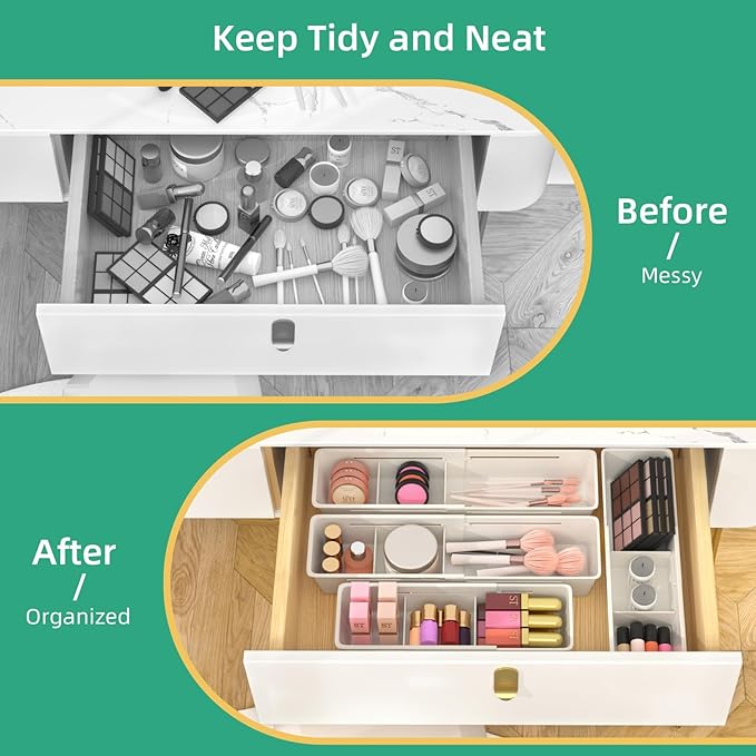 Desk Drawer Organizer Tray, 4 Pack Expandable Drawer Organizer with Dividers Adjustable, Bathroom Organizer Bins for Junk, Office, Makeup, Kitchen Utensil
