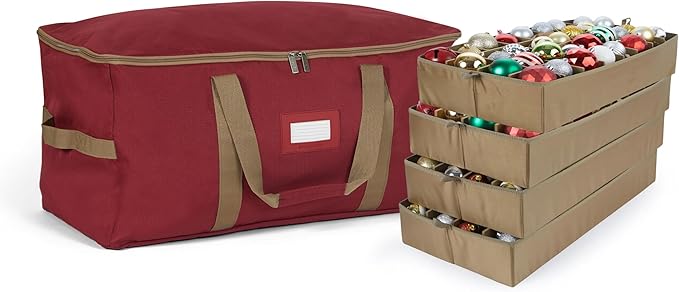 Covermates Keepsakes Adjustable Ornament Storage Bag – Heavy-Duty Polyester, Padded Dividers & FlexGrid Trays – Protective Holiday Ornament Organizer with Handles & Label Window, Red