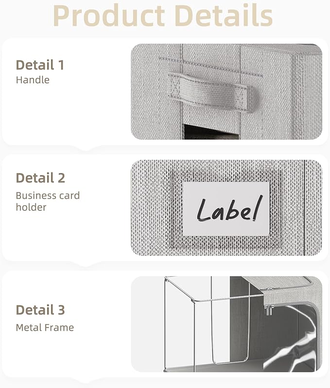 FHSQX 2 Pack Clear Window Storage Bins - Large Stackable Linen Fabric Storage for Clothes Foldable Container Organizer Set with Carrying Handles (Light Gray, 16.5x 12.2x 12.2Inch)