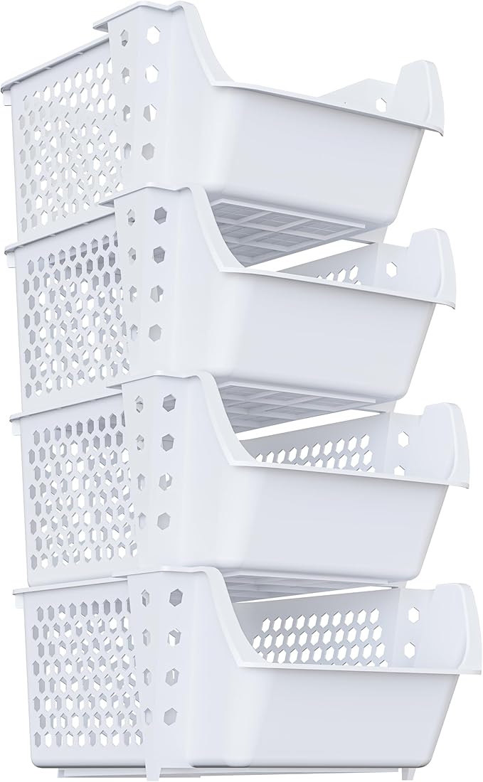 Skywin TidyFriend Stackable Storage Bins for Pantry, 4 Pack Stackable Bins For Organizing Food, Kitchen, and Bathroom Essentials (White)