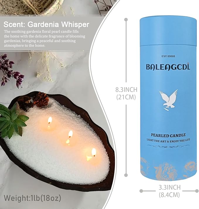 Pearled Candle 18oz(1.1lb) -White Gardenia Whisper Scented with 30 Cotton Wicks Refillable Pearl Candles Long Lasting Powder Candles up to 110 Hours Perfect for Home Decorative DIY