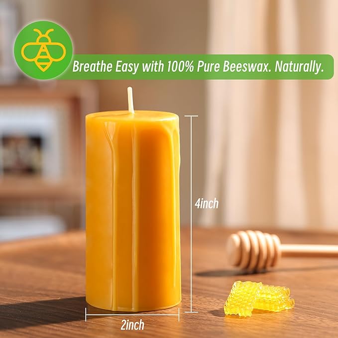 6pcs Natural Beeswax Pillar Candles 2x4inch, Hand-Dripped Pure Beeswax Candles with 210 Hours Long Burning, Dripless Smokeless Organic Pillar Candles for Home Decor, Emergency, Prayer