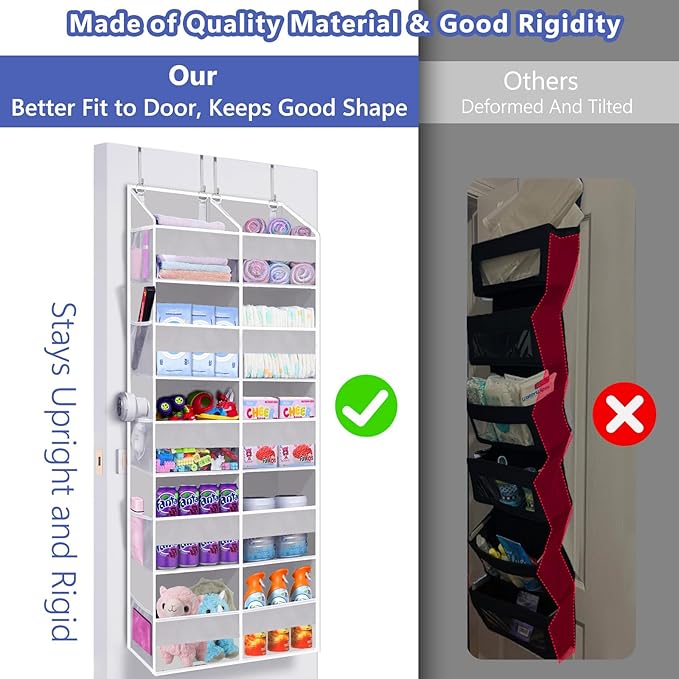 Heavy Duty Over The Door Organizer 5 Tiers, Extra Large Behind Door Storage of 10 Front & 10 Mesh Pockets, 80lb Weight Capacity, Hanging Doors Storage for Closet Bedroom Nursery, Light Gray