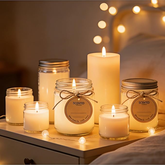 Candle Wick Making Kit, 90 Cotton & 10 Wood Wicks, 4 6 8 Inch Pre-Waxed Cotton Wicks with Wick Holders, Metal Tabs, Stickers, Labels, Twine for Soy, Beeswax, Jar, Pillar Candle Making