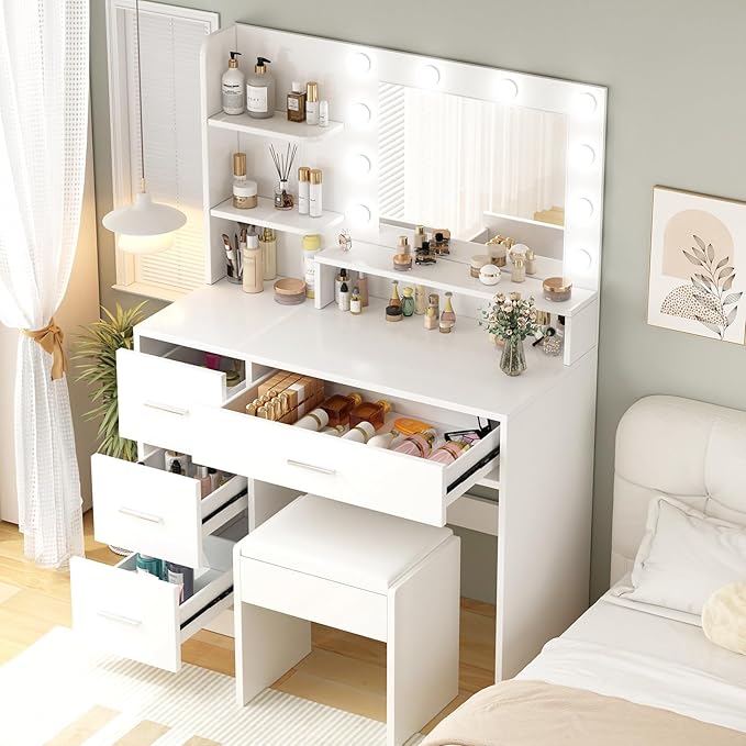 OTOQS Makeup Vanity Desk with Mirror and Light,Dressing Table Set with 3 Color Modes LED Lights,Large and Three Level Storage Dresser, for Bedroom Dressing Room,White