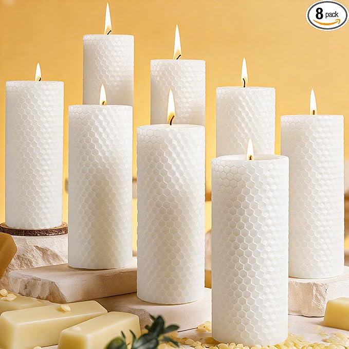 8 Pack White Beeswax Pillar Candles, Natural Beeswax Candles-160 Hours Long Burning for Emergency,Unscented Bees Wax Candle for Home,Prayer,Dripless Smokeless Organic Bees Wax Candle Bulk 2x5in