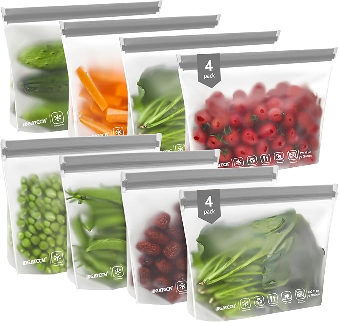 IDEATECH Reusable Freezer Bags Gallon Size, BPA Free Food Containers, Reusable Gallon Bags, Sandwich Bags, Reusable Baggies for Lunch, Travel Healthy Food (Grey, 8Pack-8Gallon)