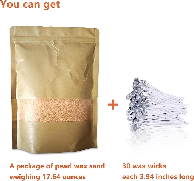 DRMAISON Pearled Candle Wax Sand DIY Kit - 17.6 oz, Orange Yellow, Non-Toxic&Smoke-Free, Refillable with 30 Wicks, Long-Lasting Flame, Highly Customizable for Wedding, Party&Holiday Decor