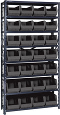 Quantum Storage Systems QSBU-240BK Giant Open Hopper Steel Shelving System, 12" D x 36" W x 75" H, with 8 Shelves and 28 QU240 Bins, Black