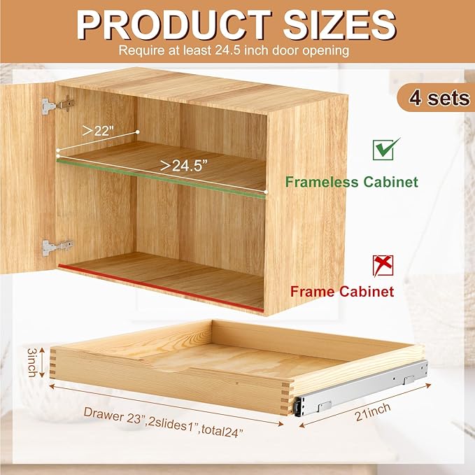 Sintuff 4 Pack Wooden Pull out Tray Cabinet Organizer Gentle Close Roll out Shelves for Kitchen Cabinets Fully Assembled Slide Pantry Shelves (24'' X 21'')