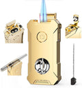 5-in-1 Torch Lighter with Tool, Holder, Punch, Draw Enhancer Tool, Double Jet Flame, Windproof Lighters, Gifts for Men, Rechargeable and Refillable Butane Lighter, Cool Lighters for Men Candles (Gold)