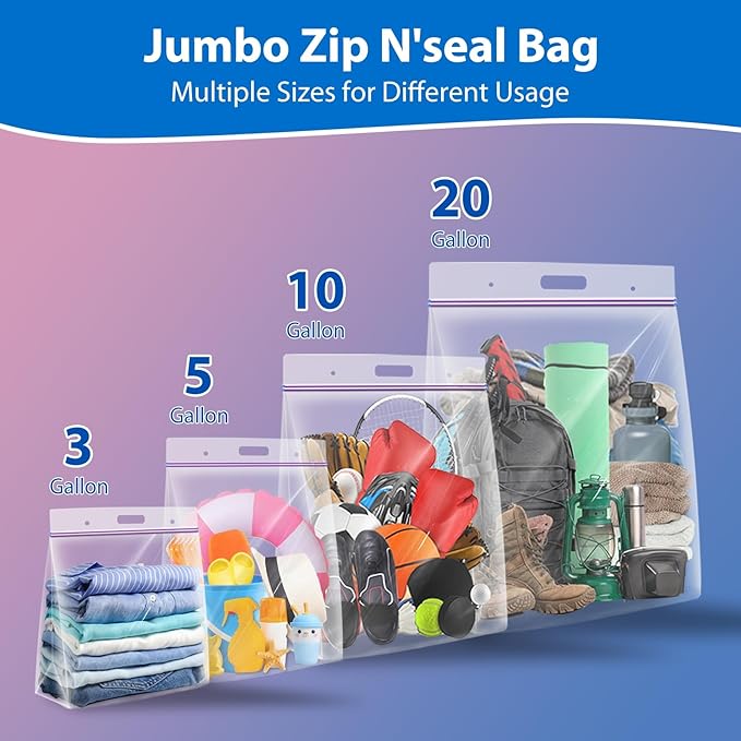 Zipper Storage Bags with Handle and Bottom, Pack of 6, 3 Gallon Heavy Duty Clear Handy Plastic Bag, 16"x18" Reusable Large Zip Storage Bag for Sports, Travel, Moving and Clothes, 3-Mil Thick