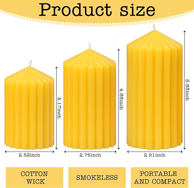 3 Pack Yellow Ribbed Pillar Candles - Soy Wax Unscented, 2.76" x4.2/4.9/5.9 in Smokeless Non Toxic Cotton Wick, Aesthetic Modern Candles for Home Decor, Dinner Table, Living Room, Housewarming Gift