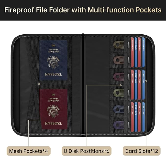 ENGPOW Expanding File Folder with Multi-Function Pockets,Fireproof File Organizer Accordion Document Organizer with Letter A4 Size Storage For Important Document,Money,Card,USB,Passport,5-Pocket,Black