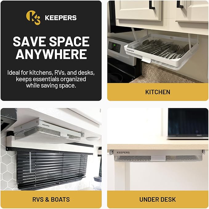 Keepers - Organizer for Home, Kitchen, Bathroom, RV, Small Spaces - Storage Organizers - Compact Metal Basket - Under Cabinet Holder - Easy Install - Holds Strong - Fits in 11x10x2in - White