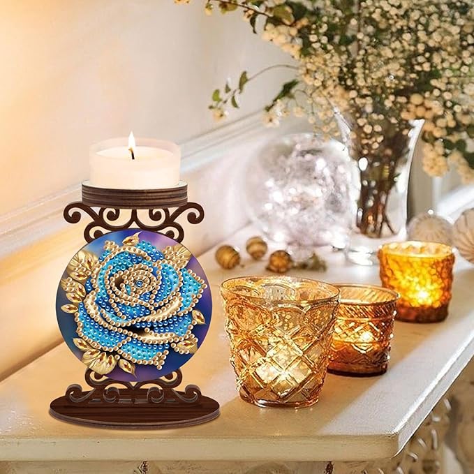 Diamond Art Painting Candlestick Holder kits, Blue Rose DIY shaped crystal Diamond art painting, woodiness Candle holder for AromaRelax & Home Decor, Christmas Halloween Ornaments (Double-Sided)