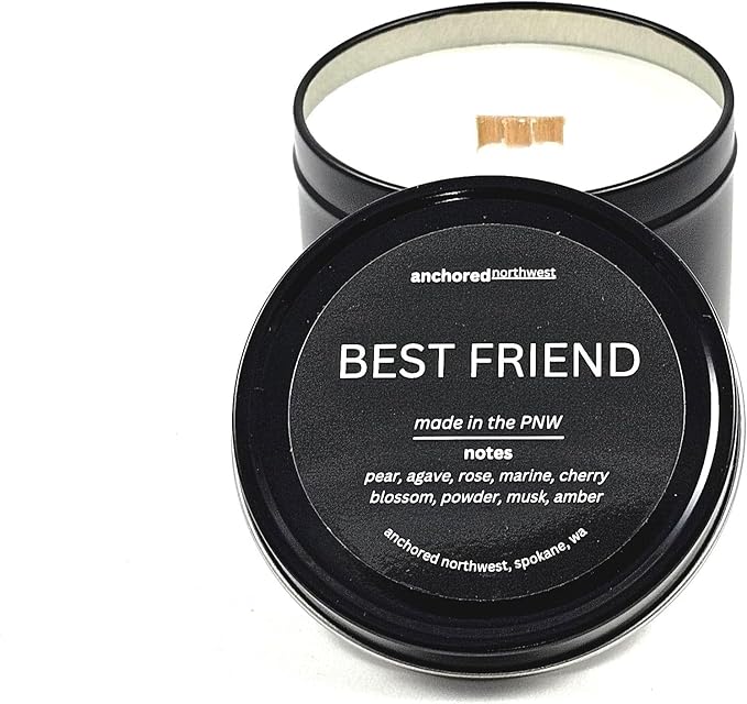 Anchored Northwest - Best Friend Travel Tin Candle, 6oz Black Metal Tin, American Cedar Wood Wick, Hand Poured, Essential Oil Blend 100% Soy Wax, 35+ Hour Burn