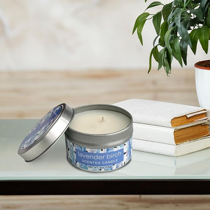 Greenwich Bay Hand-Poured Scented Candle in Decorative Tin – 4 oz/114 g Travel Candle with Lead-Free Wick, Vegetable Wax, Long-Burning Aromatherapy Gift, Single Wick – Made in USA (Lavender Birch)