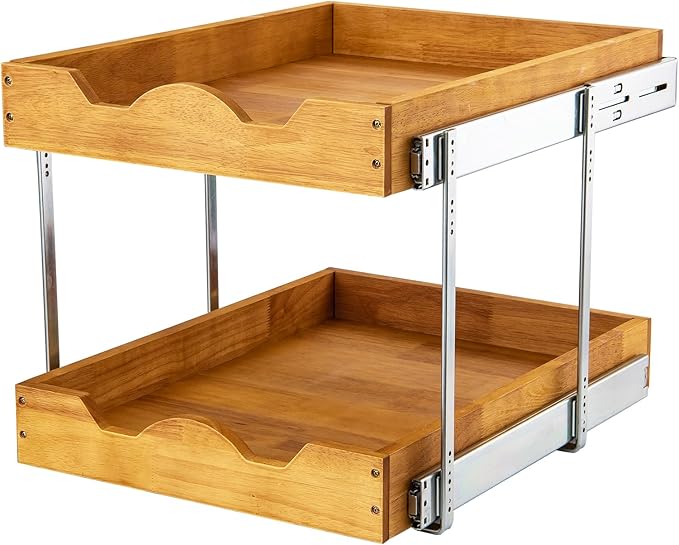 DINDON 2 Tier Wood Pull Out Cabinet Organizer (11" W x 18" D) Slide Out Wood Drawer, Two Tier Pull Out Shelf Organization and Storage…