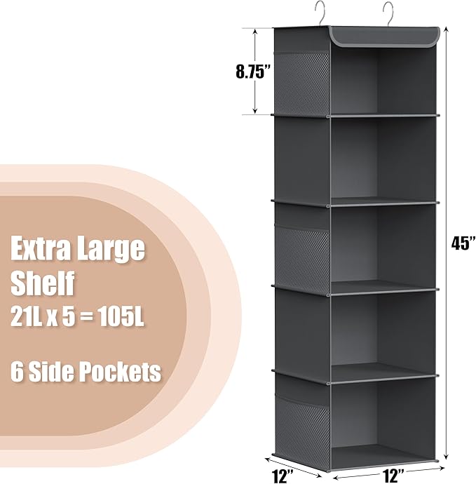 Simple Houseware 5 Shelf Hanging Closet Organizer, Dark Gray