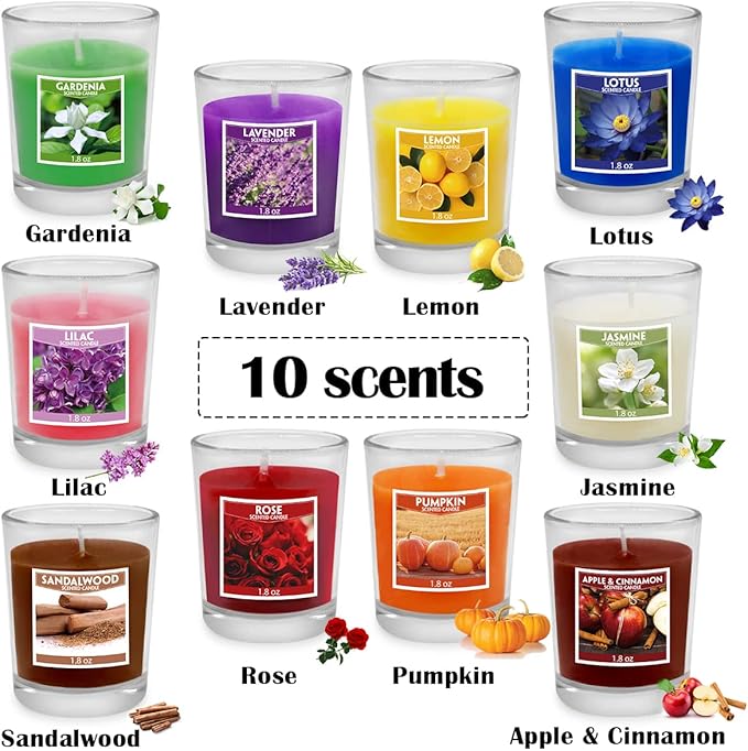 Set of 20 Assorted Colored Scented Votive Candles in Clear Glass, Small 2.0 Inch Natural Soy Wax Stress Relief Candles with 10 Different Scents for Dinner Yoga Party Gift Favors
