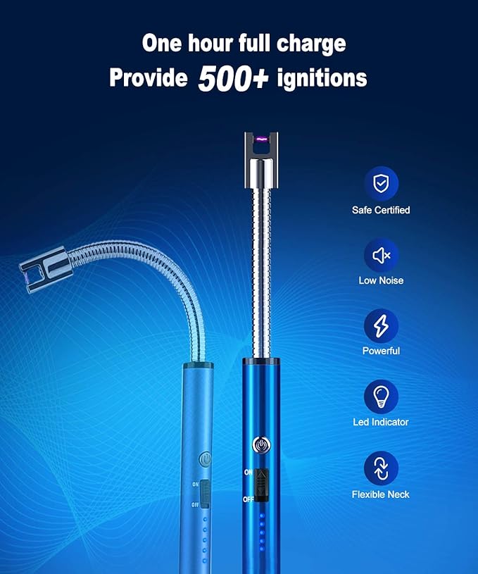 Candle Lighter, USB Charging Flame Candle Electronic Arc Lighter with LED Battery Display Safety Switch, Longer Flexible Neck for Camping BBQ Gas Stoves and Fireworks (Blue)