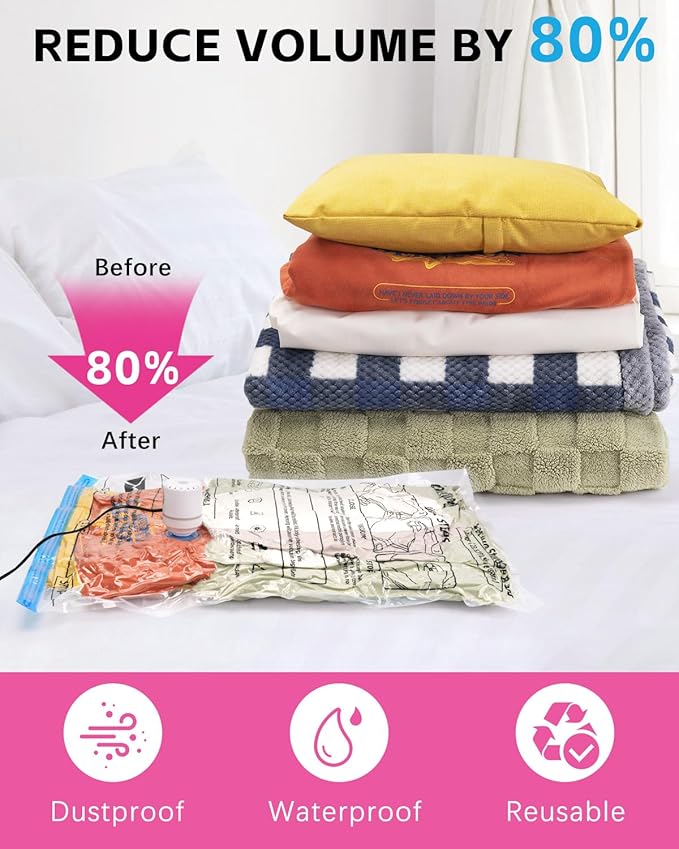Colemoly Vacuum Storage Bags with Electric Air Pump 12 Pack Space Saver Vacuum Seal Bags for Clothing, Travel Essentials, Storage and Organization, Moving Supplies(4 Jumbo/ 4 Large/ 4 Medium)