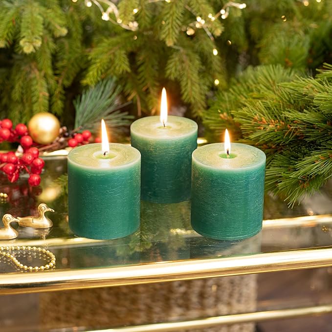 CANDWAX 3x3 Inch Green Pillar Candles Set of 3 - Rustic Unscented No Drip Green Candles for Weddings, Centerpieces, Home Décor, Christmas Decorations