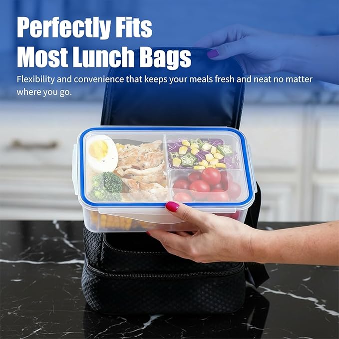 KIGI Lunch Container Set with Small Containers, 3 Compartment Food Storage for Meal Prep & Snacks, Leak-Proof & Airtight lids, BPA-free Plastic, Removable Divided Inserts, Microwave Safe, 24 Piece Set