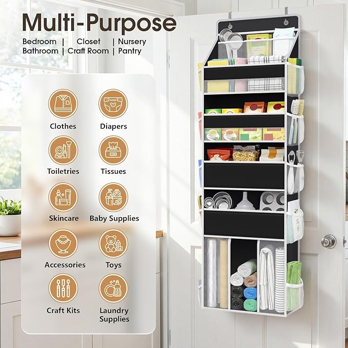 WISELIFE 5-Tier Over the Door Organizer for Hanging - 50LB Heavy-Duty Back of Door Organizer with 5 Spacious Pockets & 13 Mesh Pockets, Multipurpose Storage for Nursery, Bedroom, Closet(1 Pack, Black)