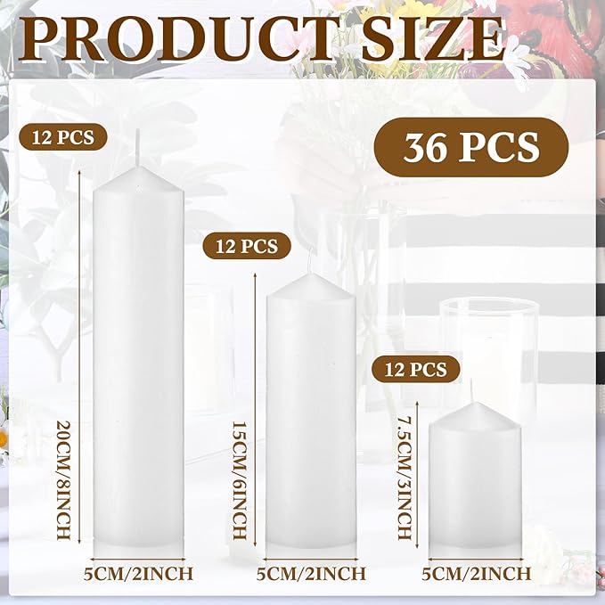 MTLEE 36 Pcs Pillar Candles Bulk Set of 3 Long Burning Wax Pillar Candles 2 in x 3, 6, 8 Inch Dripless Unscented Smokeless for Wedding Party Spa Lantern Fireplace Home(White)