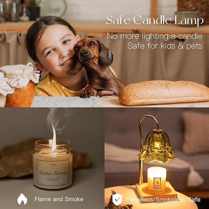 Candeldo Candle Warmer Lamp with Timer: Green Flower Candle Warming Lamp with 2 Bulbs Height Adjustable Wax Warmer Dimmable Bedroom Decor Mothers Day Gift for Women