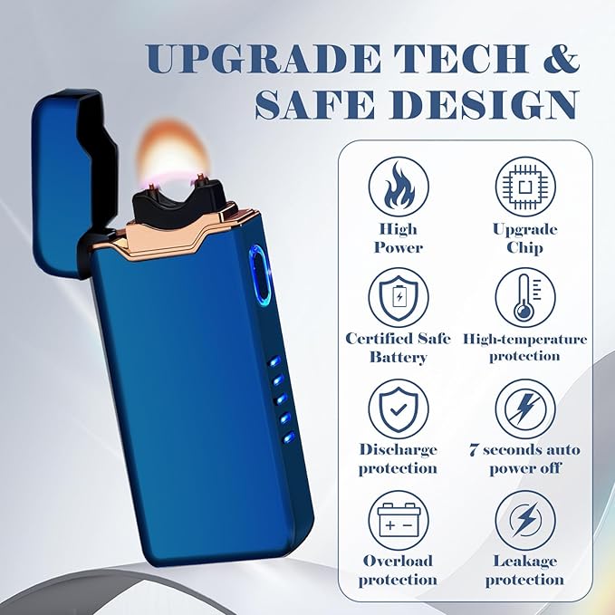 BABOBIU Windproof Lighters Rechargeable Electric Lighters Plasma Lighter with LED Light Power Display Cool Lighter for Fire BBQ Candle Indoors Outdoors (Blue)