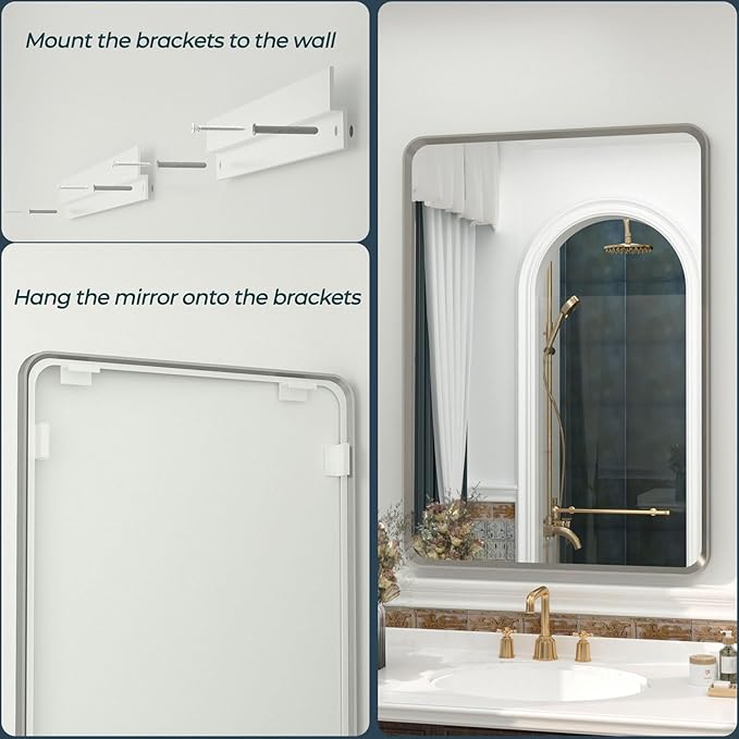 OKPAL Brushed Nickel Mirror 24 x 36 Silver Bathroom Mirror, Rounded Rectangle Silver Vanity Mirror with Brushed Metal Frame, HD Anti-Rust Wall Mirror(Horizontal/Vertical)
