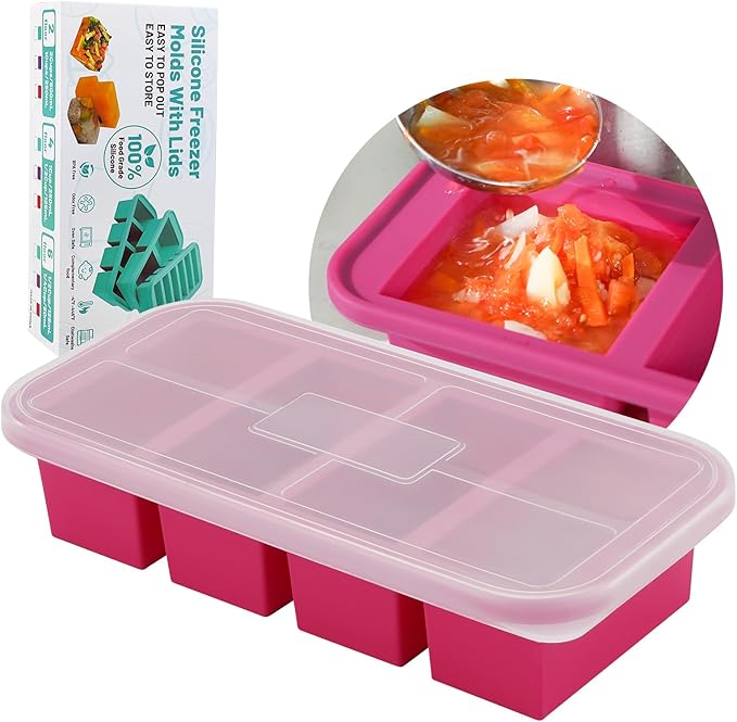 SHIKORI Silicone Freezer Trays with Lid,4-cup Soup Freezer Container large Ice Cube Molds with Reinforced Steel Ring Top for freezing Soup Sauce Broth Leftovers oven Dishwasher-Safe (Cranberry-4 Cup)